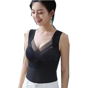 德绒蕾丝无痕保暖背心女带胸垫一体式加绒加厚发热内衣紧身打底衫