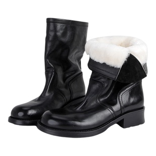 MantenerGran厚底真皮靴子中筒靴女加绒加厚马丁靴保暖棉靴MG女鞋