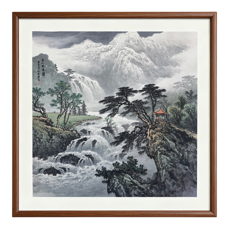 新中式雪山飞瀑斗方山水挂画