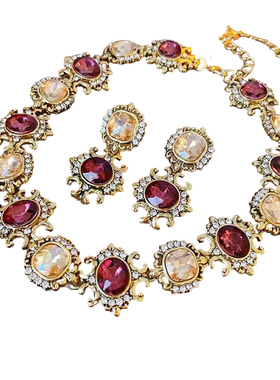 中古vintage镶钻项链耳环套装