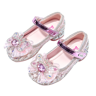 芭比童鞋女童水晶鞋2026新款春秋软底水钻鞋小高跟公主鞋儿童皮鞋