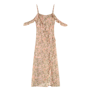 pusumede【现货7.5折】雪纺吊带裙碎花连衣裙女小众开叉裙子