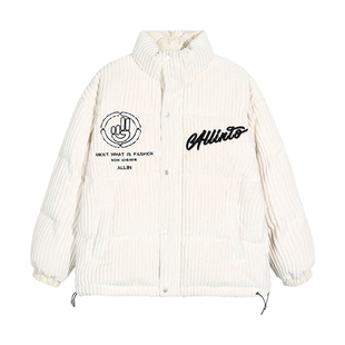 ALLIN 灯芯绒羽绒服男冬季宽松加厚字母刺绣立领鸭绒情侣潮牌外套