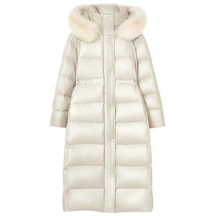 【匈牙利白鹅绒】LANCY/朗姿2025冬新款毛领收腰连帽长款羽绒服女