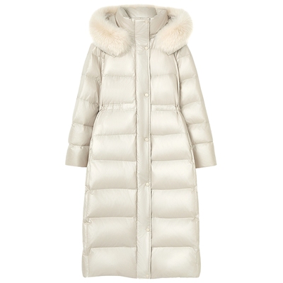 【匈牙利白鹅绒】LANCY/朗姿2025冬新款毛领收腰连帽长款羽绒服女