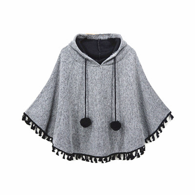 春季女式宽松连帽流苏蝙蝠衫斗篷