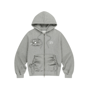 ILLIGO 26春抽绳褶皱口袋拉链帽衫立体花花卫衣外套韩国代购