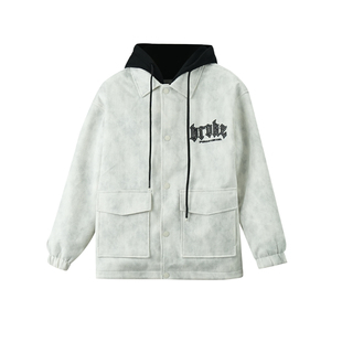 派克服连帽夹克男假两件加绒加厚潮牌青年帅气韩版外套2025冬季款