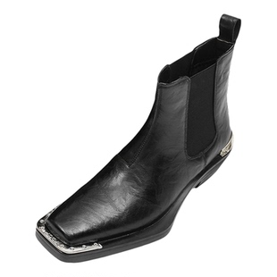 铁头靴高跟切尔西靴男新款方头马丁靴英伦风休闲高帮皮鞋男士皮靴