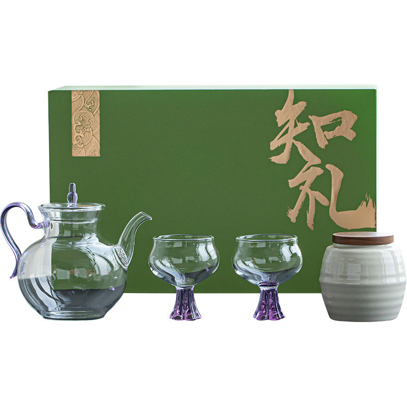 三点水玻璃一壶两杯茶具礼盒装