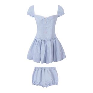 【鹦鹉梨推荐】Mess Studio 辣妹收腰蓝白格花苞连衣裙自动安全裤