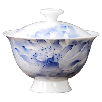 向行陶瓷复古荷花纯手绘泡茶二才盖碗敬茶碗定制礼品高档精致白瓷