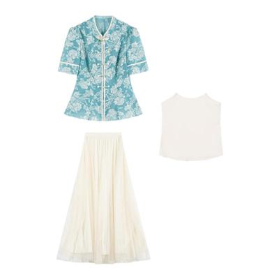 无艳一禾【花溪幽幽】新中式清丽提花上衣柔缎吊带纱裙套装