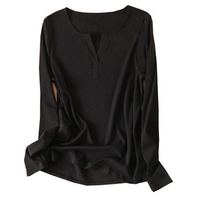 黑色天丝羊毛t恤女2025秋冬新款半开襟小V领内搭长袖打底衫上衣潮