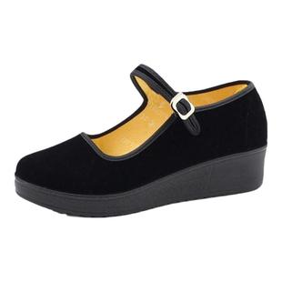 老北京布鞋女红色黑色松糕底一字带中老年广场舞蹈鞋妈妈工作单鞋