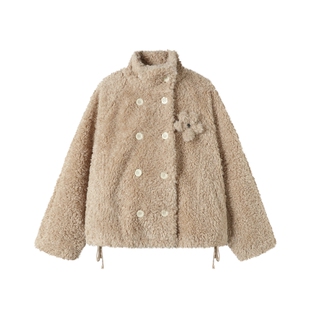 TGNS立领花苞抽绳仿羊羔毛外套女秋冬复古宽松保暖毛茸茸短款夹克