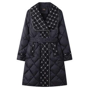 白鹿语亮片拼接羽绒服冬季新款优雅气质腰带收腰加厚中长款外套