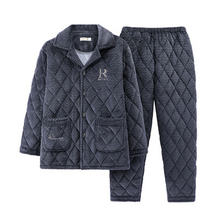 男士睡衣冬季加厚保暖三层夹棉珊瑚绒大码可外穿法兰绒家居服套装