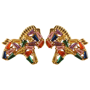 欧美INS风流行彩色满钻小马项链耳钉套装时尚复古气质轻奢饰品女