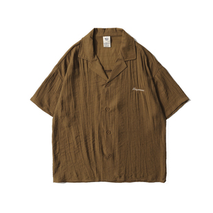 HTTAOSUP夏季新款日系古着咖色短袖衬衫男女宽松百搭休闲衬衣外套