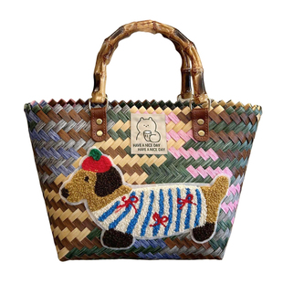 腊肠狗编织包菜篮子复古藤编手提包竹节草编包纯手工竹编包沙滩包