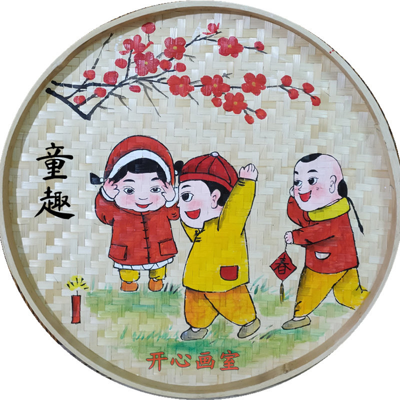 红军主题手绘竹编簸箕画墙面装饰红军系列美丽乡村学校文化竹筛画