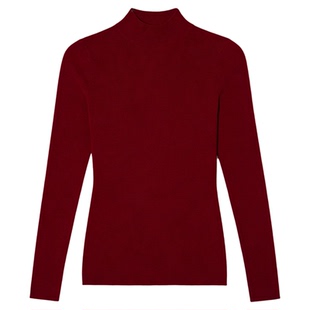 Basic House/百家好红色半高领修身针织衫女冬季软糯长袖打底毛衣