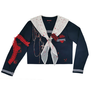 原创 血色素人 万圣节血腥不良jk制服绀色长袖百褶裙水手服全套装