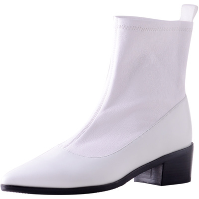 法式小众柔软白色羊皮尖头瘦瘦靴