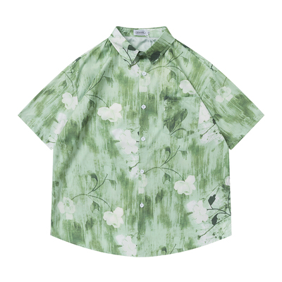 TRAVEL ISLAND 天青色等烟雨 国风复古植物油画涂鸦印花短袖衬衫
