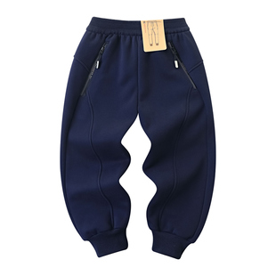 男童纯色华棉一体加奥粒绒运动裤冬款新2025中大童装拉链兜长裤子