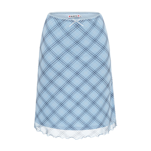 Go Girl Go 自制欧美风蓝色格子网纱半身裙女夏季松紧腰包臀裙子