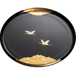 同合日本进口前重漆器树脂圆托盘日式手工仙鹤漆盘干泡茶盘果盘子