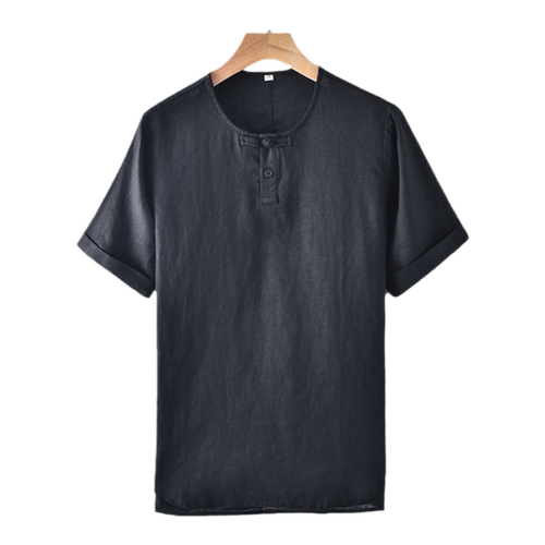 亚麻短袖衬衫男黑色休闲立领宽松百搭2024夏季新款男士衬衣外套潮