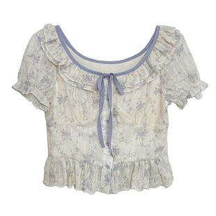 安璃 紫色浪漫~法式温柔甜美晕染碎花刺绣方领上衣显白仙气衬衫