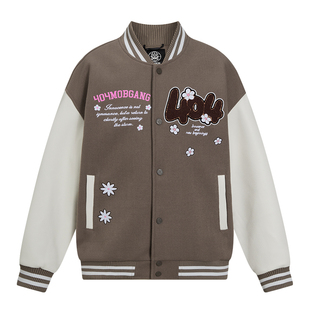 404MOB趣味花卉字母刺绣棒球服女潮牌宽松美式学院情侣夹克厚外套