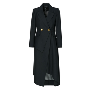 IDPAN女装秋冬新款职场通勤下摆不对称设计修身长款大衣外套