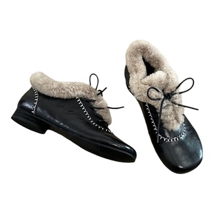 Dannyfrey复古圆头系带毛毛鞋女加绒保暖真皮芭蕾鞋百搭平底单鞋