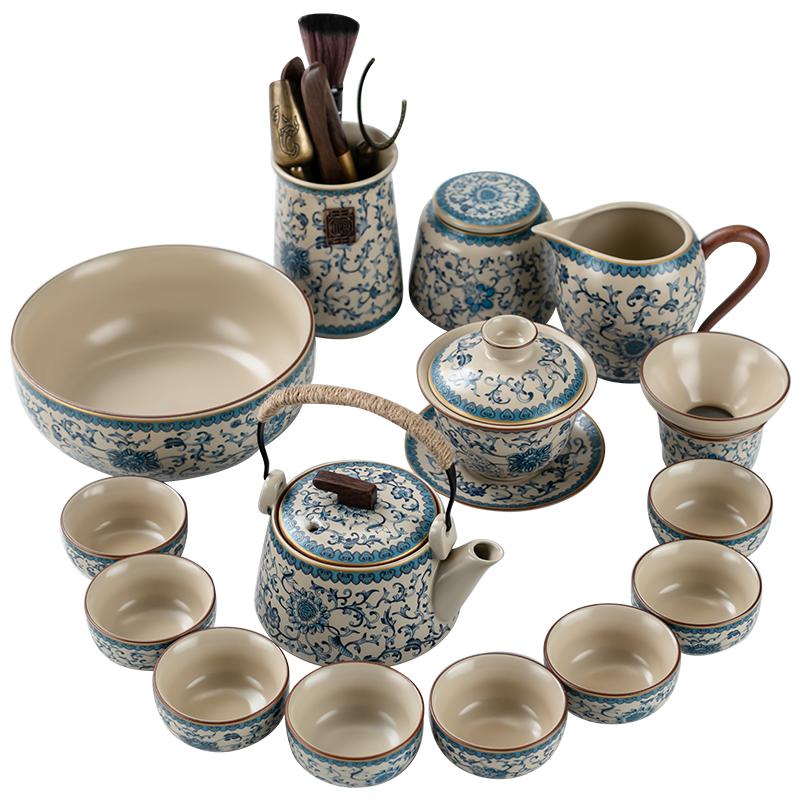 米色汝窑功夫茶具青花缠枝莲釉上彩提壶盖碗整套泡茶器中式陶瓷