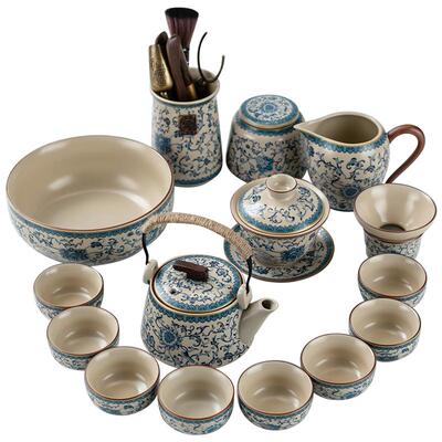 米色汝窑功夫茶具青花缠枝莲釉上彩提壶盖碗整套泡茶器中式陶瓷