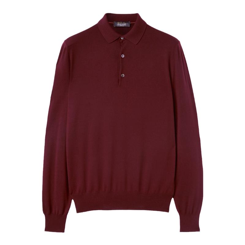 Loro Piana/诺悠翩雅男装羊毛材质酒红色长袖polo衫毛衣