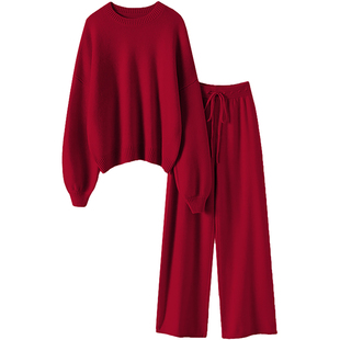 好感度满分~车厘子红灯笼袖加厚纯羊绒衫女毛衣阔腿裤羊绒套装女