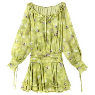 KEIKO 治愈系绿色弥散印花连衣裙春季气质层叠荷叶边收腰显瘦短裙