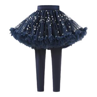 秋冬一体绒tutu裙打底裤宝宝满印星星棉质假两件舞蹈裙裤女童长裤