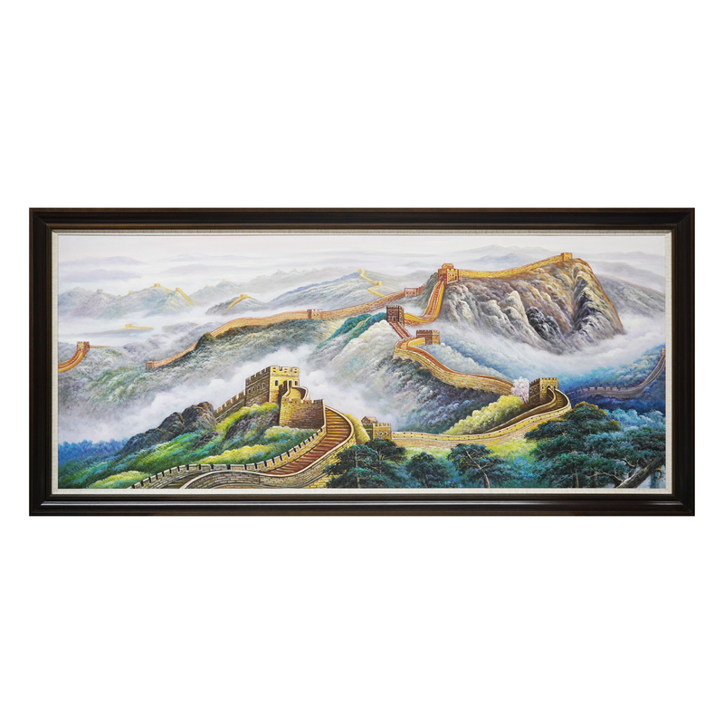 手绘油画万里长城靠山图山水画办公室新中式客厅大厅金色装饰挂画