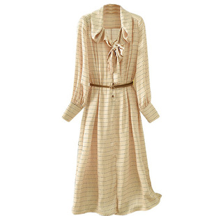 【清仓】夏娃徐睿知同款黄色蝴蝶结衬衫连衣裙女高级感印花长裙