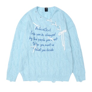 NERESUM奶蓝色系带破洞毛衣女秋冬日系软糯慵懒风oversize针织衫