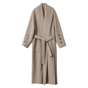 Amii2025冬新款通勤风青果领全羊毛配腰带长款双面呢女宽松大衣