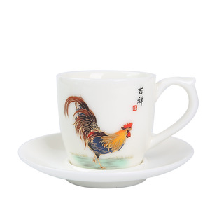 德化白瓷鸡缸杯公鸡主人杯功夫陶瓷带把茶杯羊脂玉瓷品茗杯配杯垫