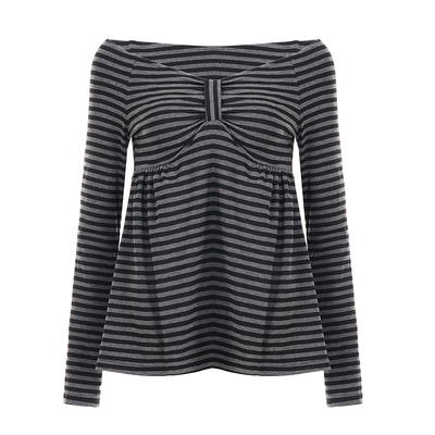 WEEKEEP 古早感撞色条纹V领露肩长袖T恤女高腰A摆显瘦娃娃衫上衣